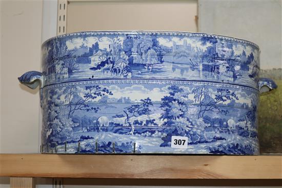 A 19th century Staffordshire blue and white foot bath (restored), with a small table